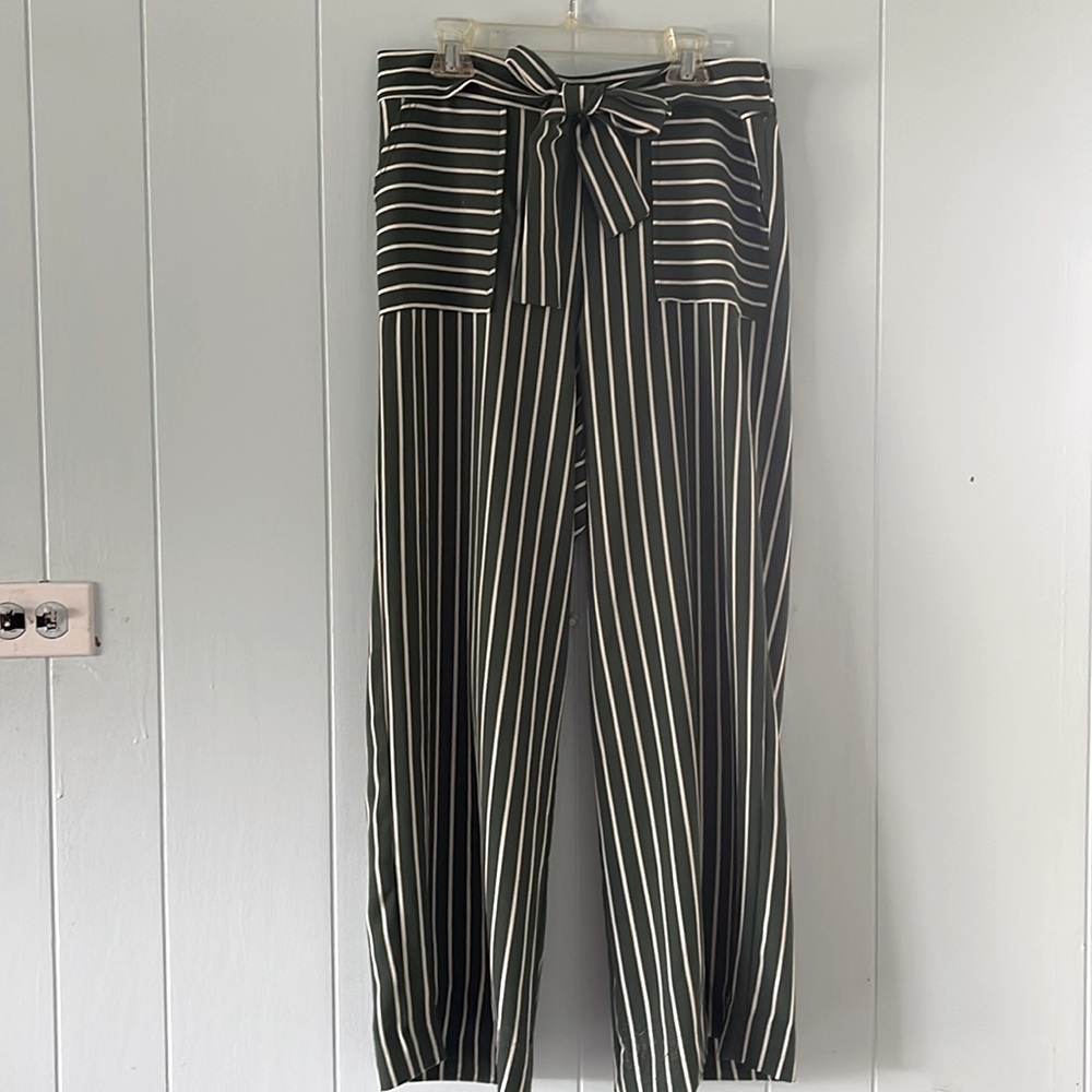See You Monday striped white & green wide leg drawstring pants